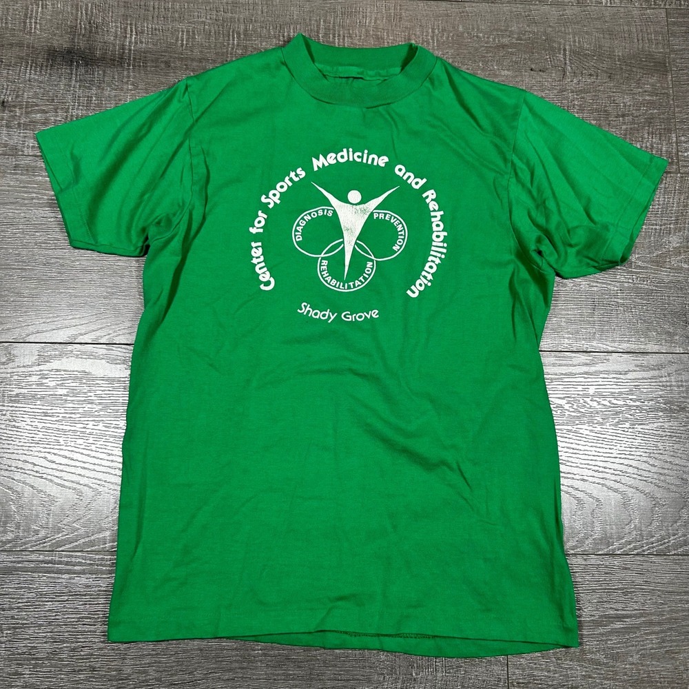 Vintage 80s Shady Grove Sports Medicine Graphic T-Shirt Green Single Stitch Mens